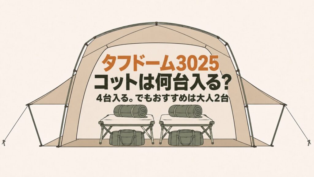 タフドーム3025にコットは何台入るか。4台入るが、おすすめは大人2台と示したアイキャッチ