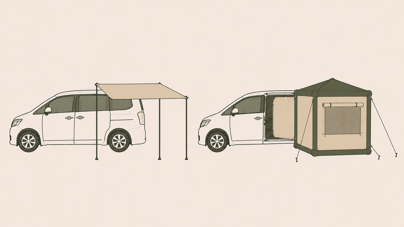 車の横に日よけを張った軽量タイプと、囲まれた部屋型のシェルターを並べて比べたイラスト