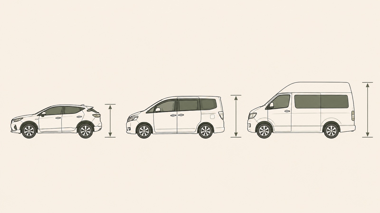 SUV、ミニバン、バンを高さ順に並べ、それぞれの全高を矢印で示したイラスト