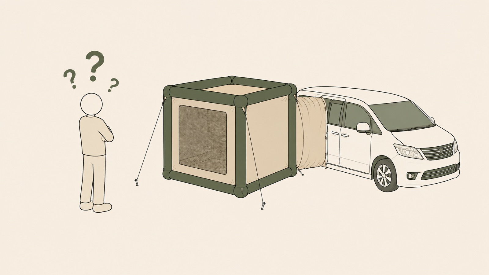 車の横のシェルターの前で考えこむ人の頭上に、疑問符が3つ浮かんでいるイラスト
