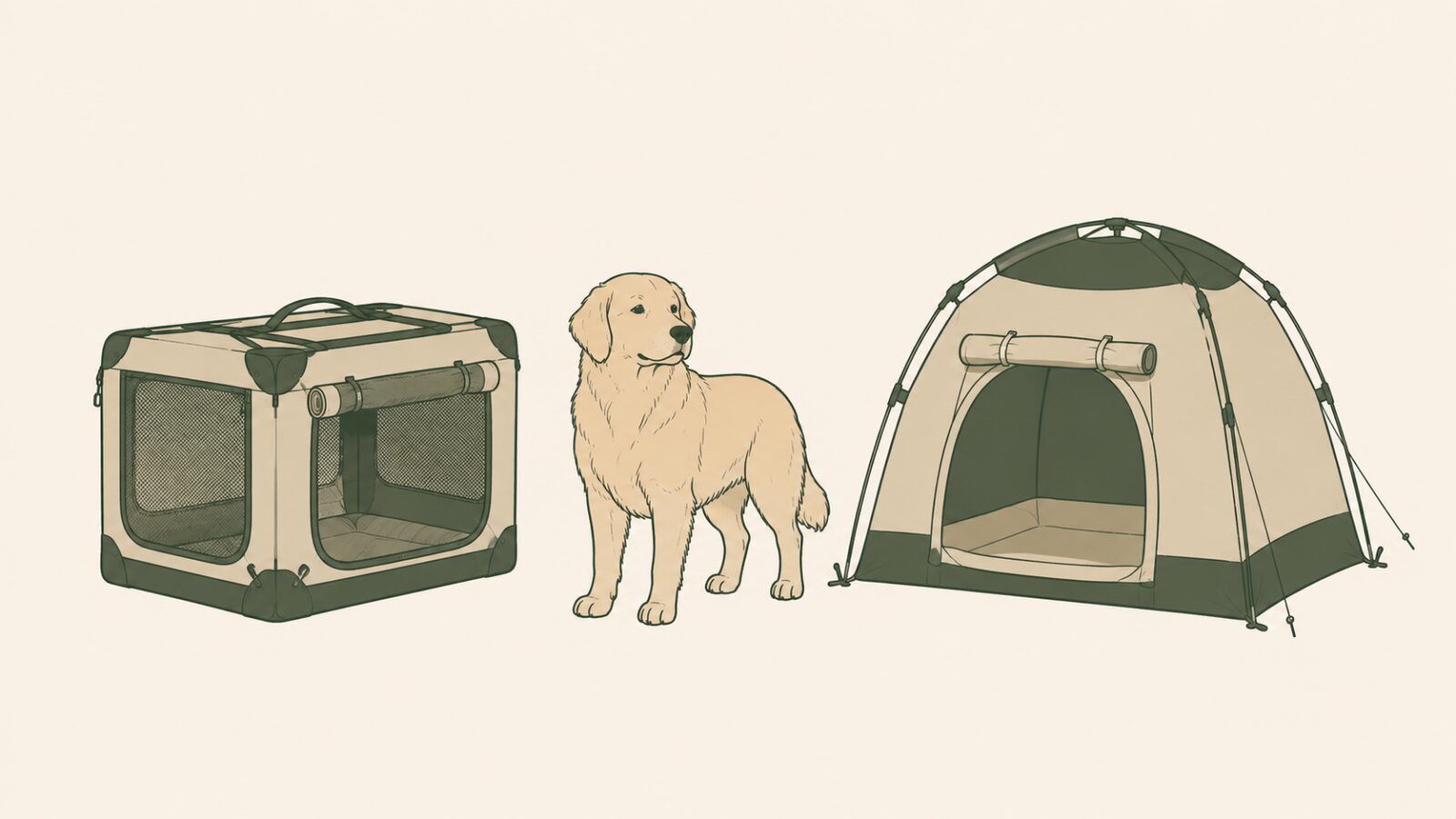 左にソフトケージ、右にドッグテントを並べ、その間に大型犬が立っている比較のイラスト