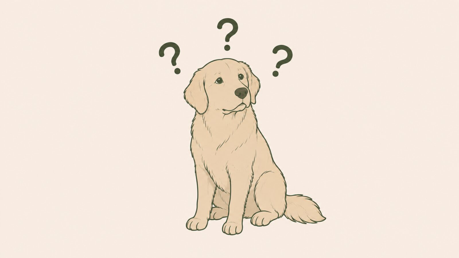 大型犬が座り、頭の上に疑問符が3つ浮かんでいるイラスト