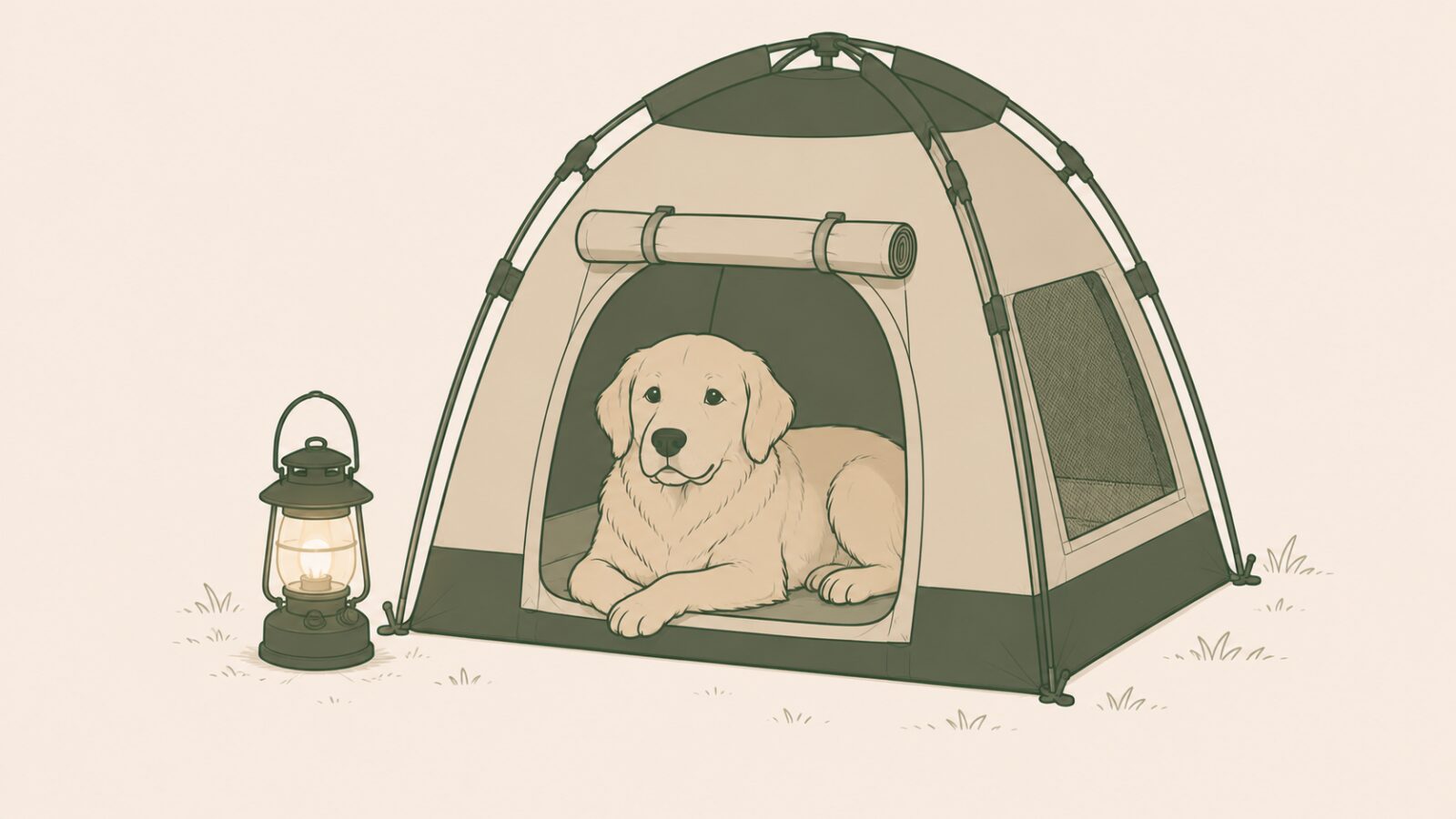 ランタンの灯りのそばで、ドッグテントの中に伏せて落ち着いている大型犬のイラスト